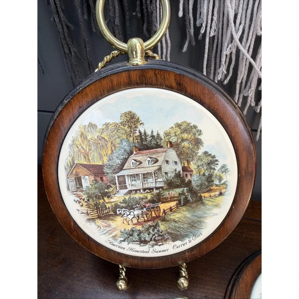 Set 4 Currier & Ives American Homestead Wall Plaques Wood Ceramic Plate Vintage